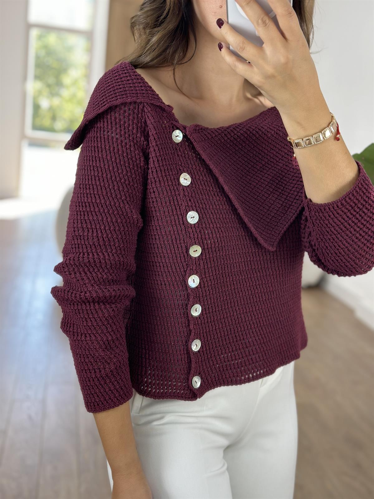 Kayık Yaka Önden Düğmeli Triko Bluz - Bordo