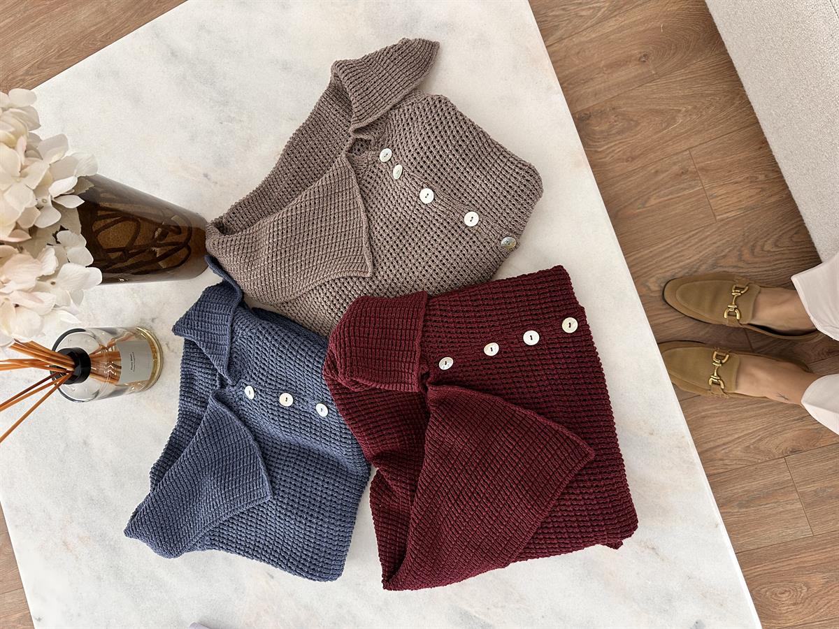 Kayık Yaka Önden Düğmeli Triko Bluz - İndigo