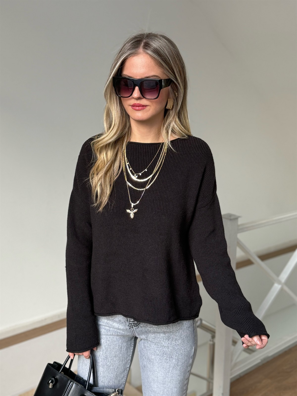 Kayık Yaka Triko Kazak - Kahve