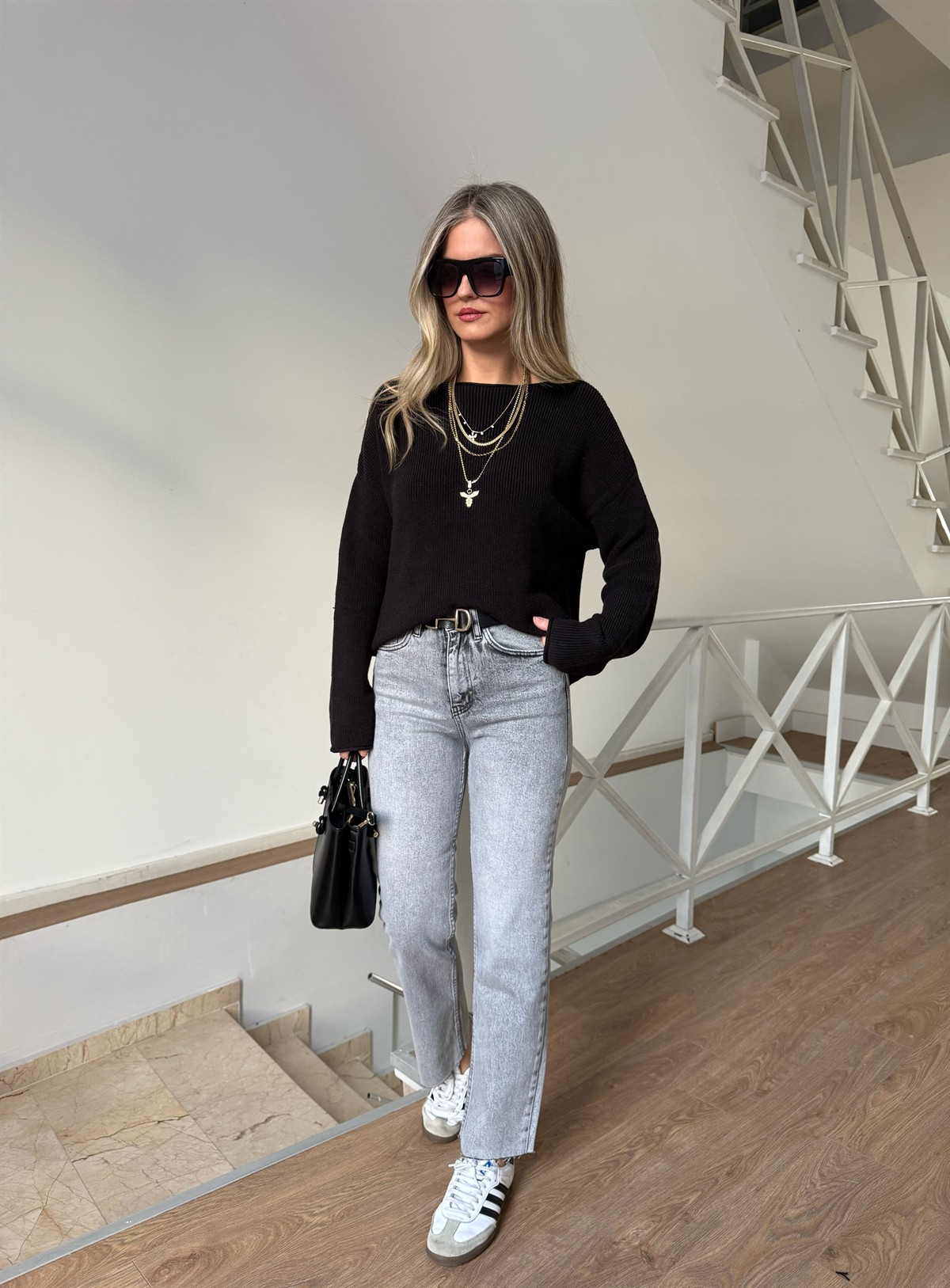 Kayık Yaka Triko Kazak - Kahve