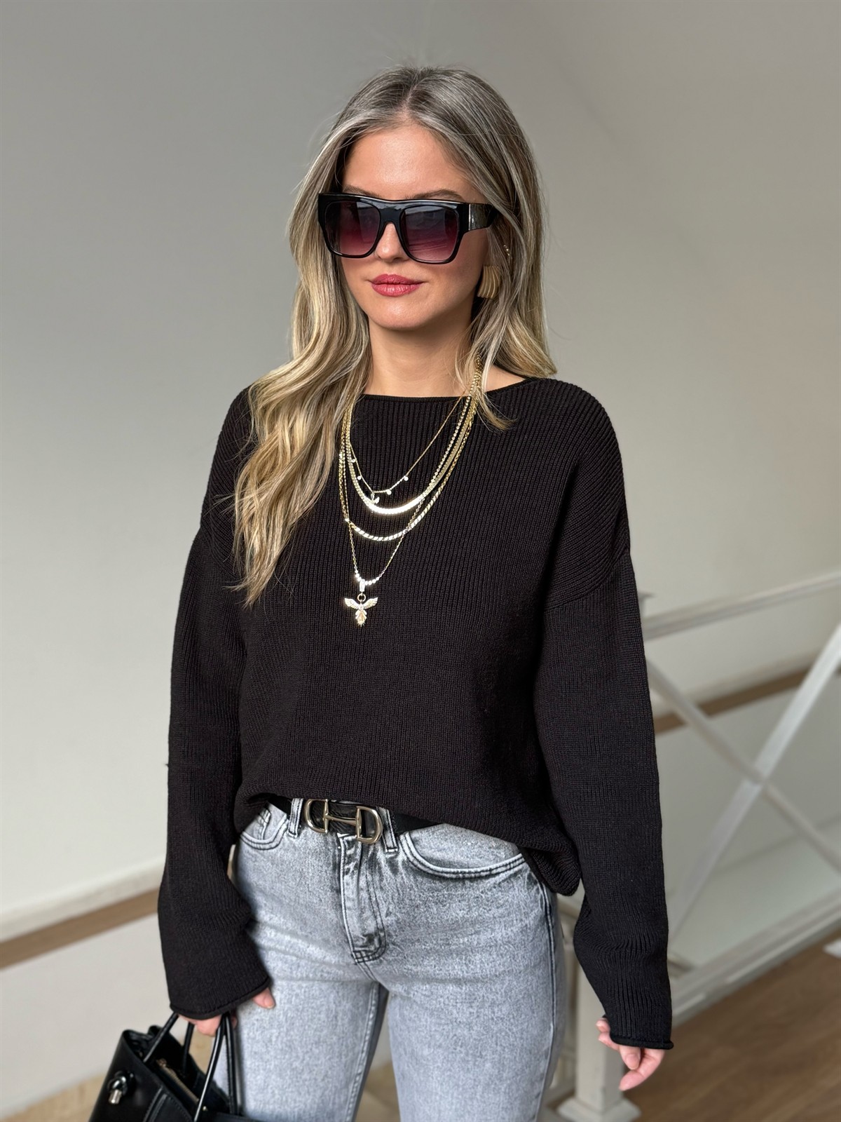 Kayık Yaka Triko Kazak - Kahve