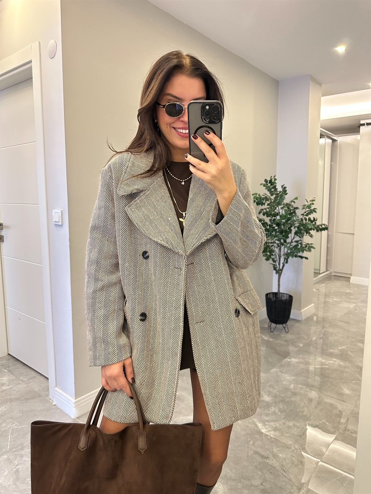 Kazayağı Astarlı Oversize Kaban - Kahverengi