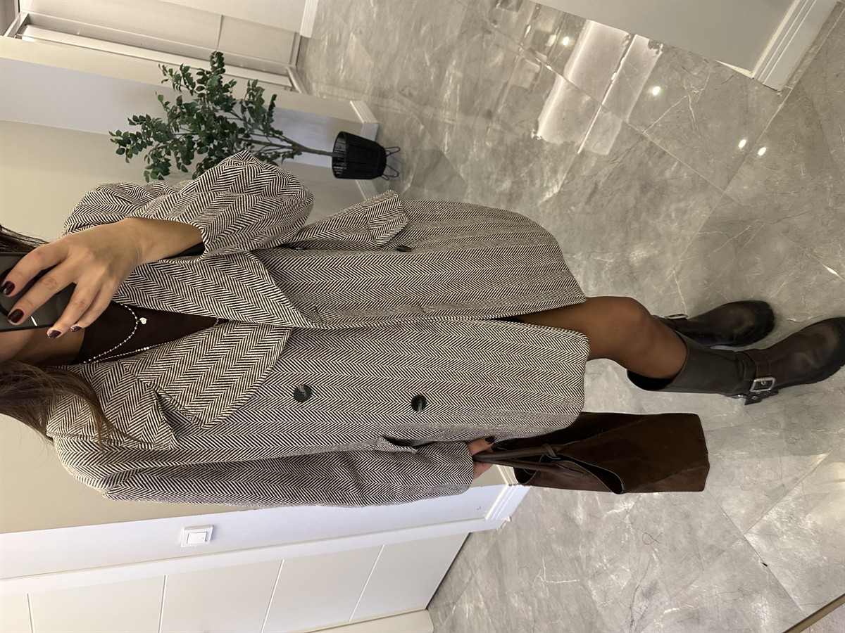 Kazayağı Astarlı Oversize Kaban - Kahverengi