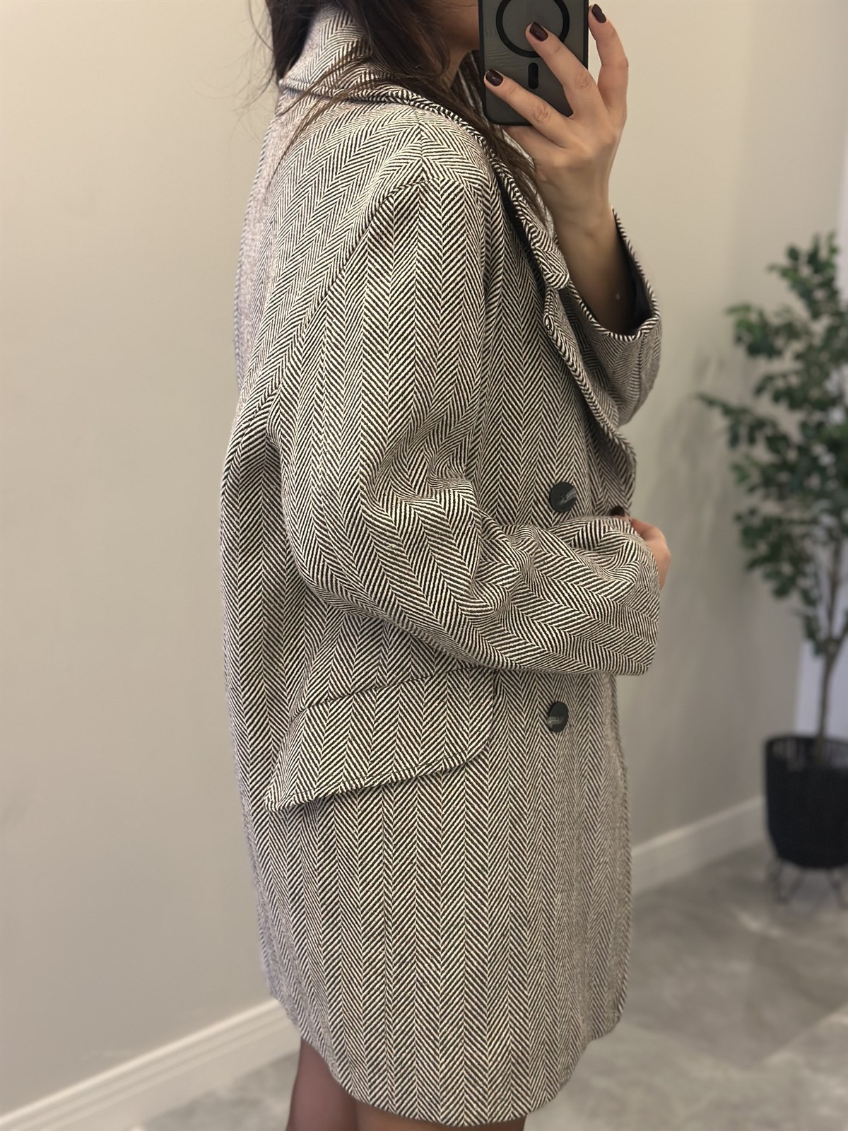 Kazayağı Astarlı Oversize Kaban - Kahverengi