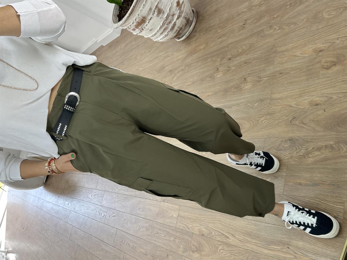 Kemer Detaylı Kargo Pantolon-Haki