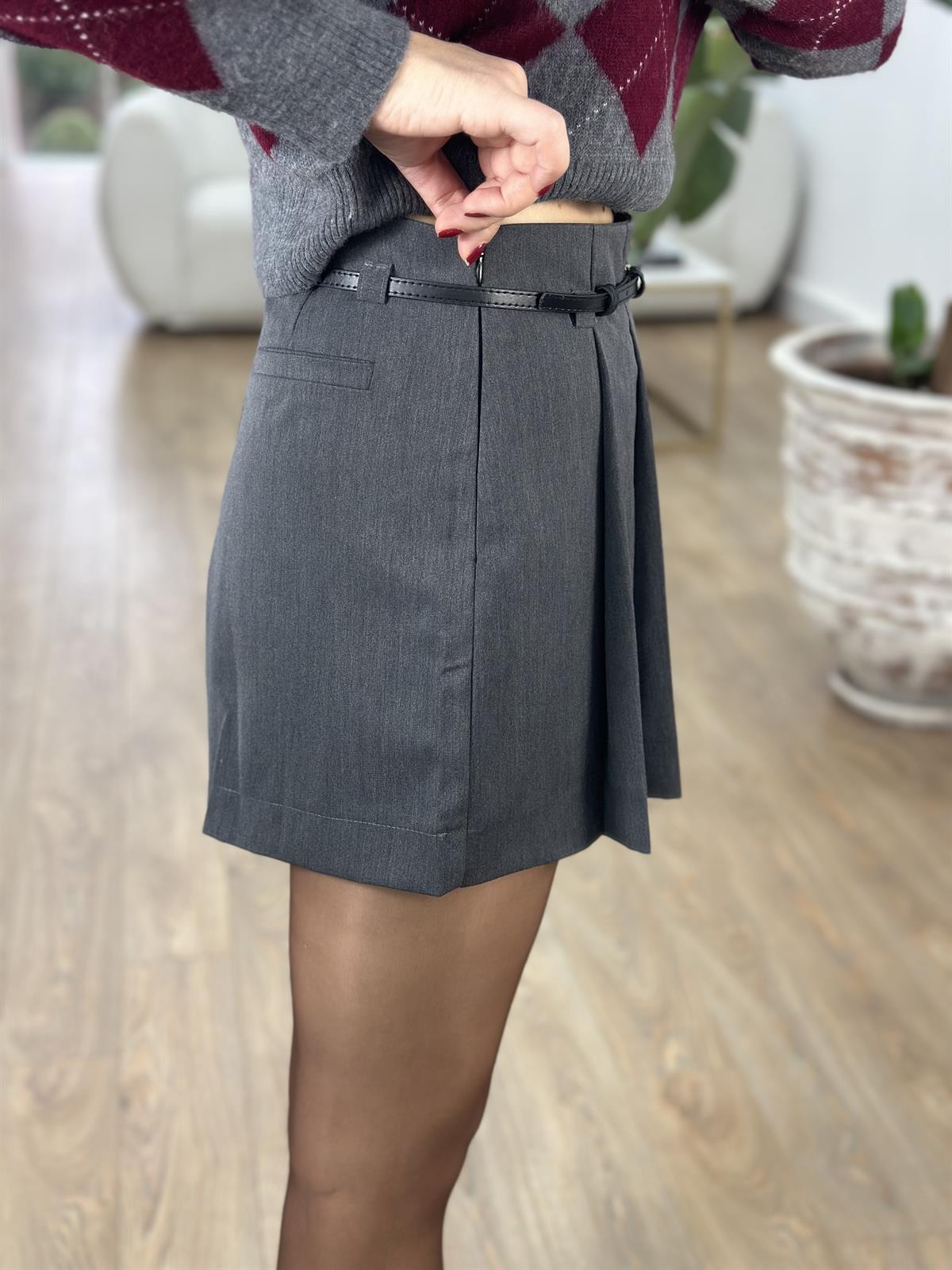 Kemer Detaylı Piliseli Şort Etek - Antrasit