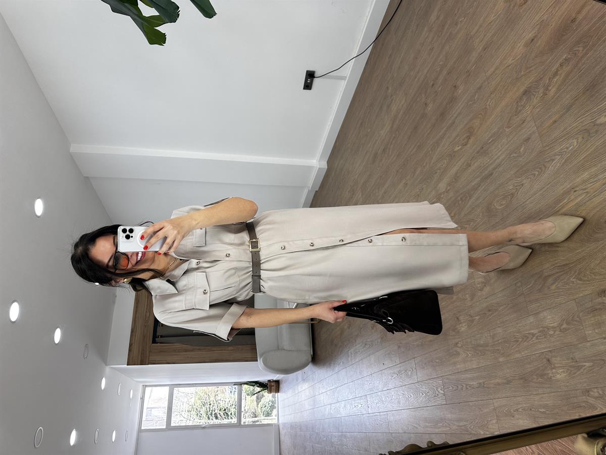 Kemer Detaylı Tensel Midi Elbise - Bej