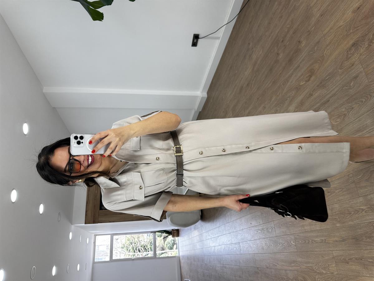 Kemer Detaylı Tensel Midi Elbise - Bej