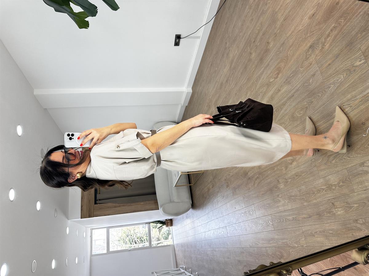 Kemer Detaylı Tensel Midi Elbise - Bej