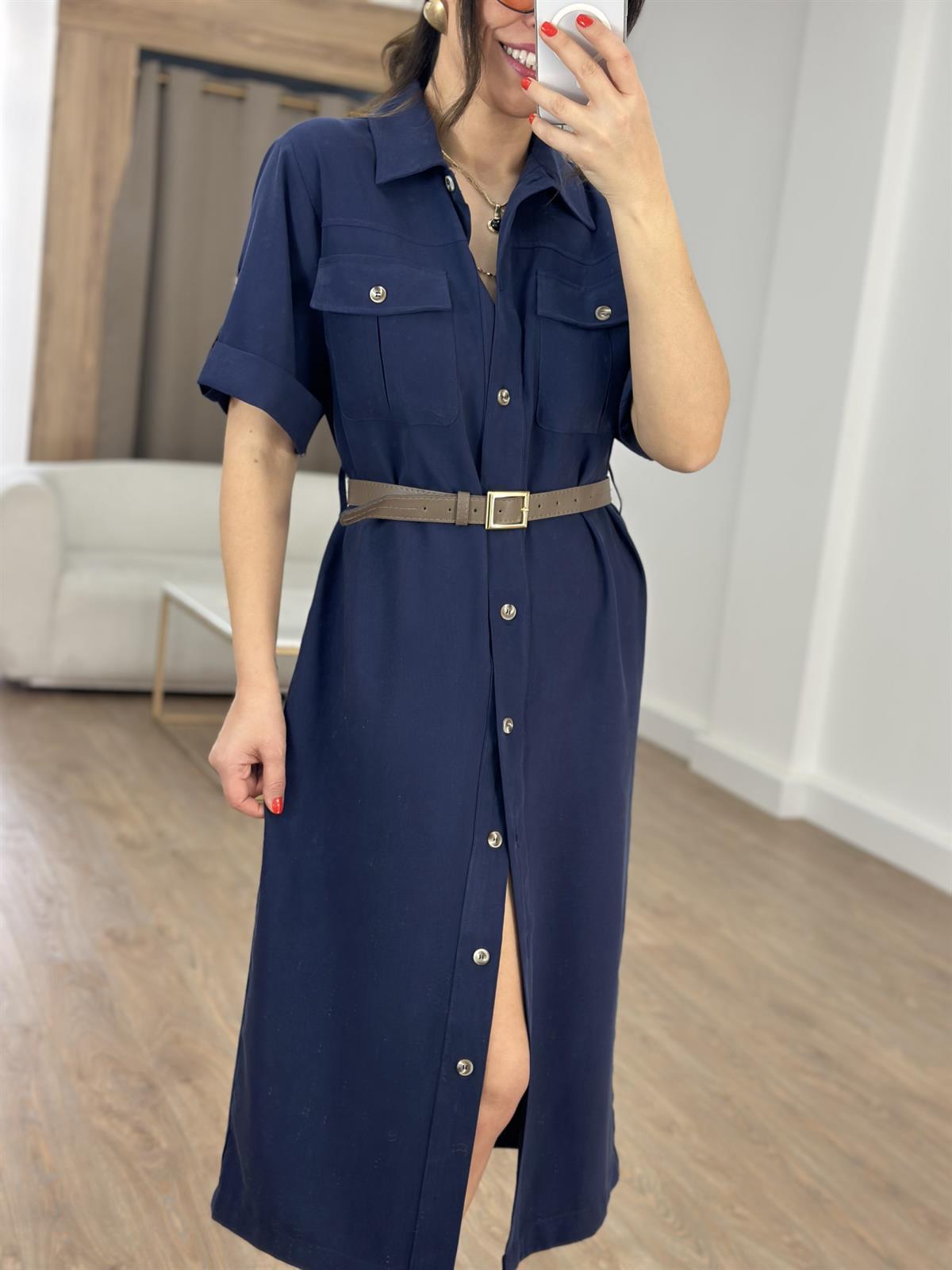 Kemer Detaylı Tensel Midi Elbise - Lacivert