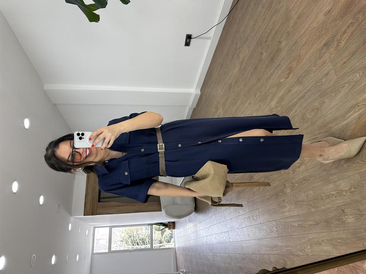 Kemer Detaylı Tensel Midi Elbise - Lacivert