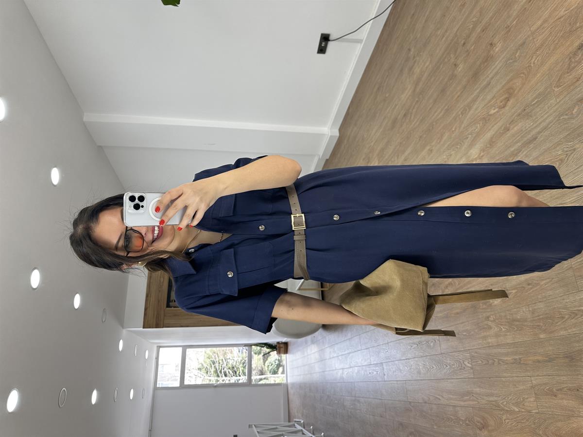 Kemer Detaylı Tensel Midi Elbise - Lacivert