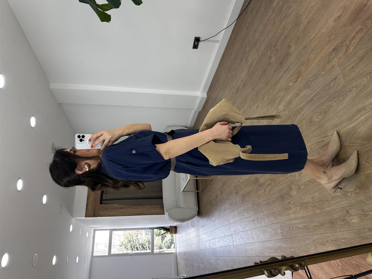 Kemer Detaylı Tensel Midi Elbise - Lacivert