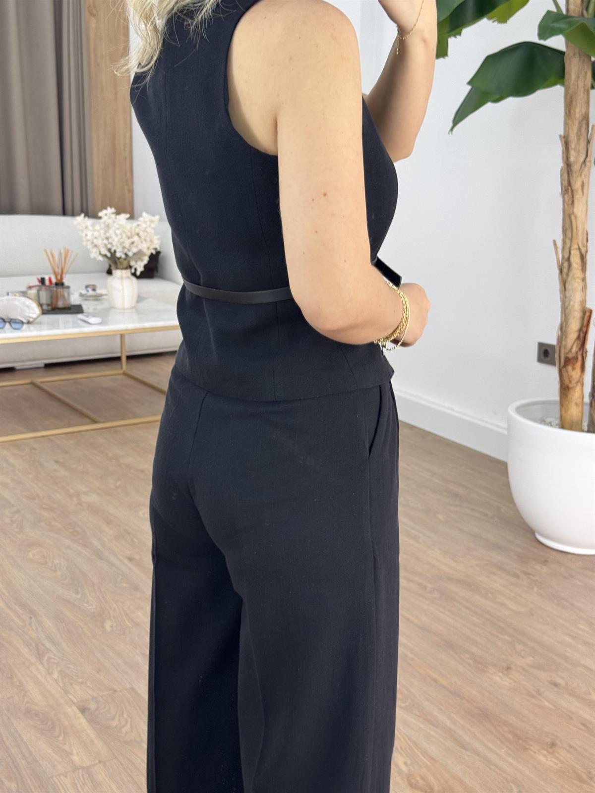 Kemerli %100 Pamuk Yelekli Keten Takım - Siyah