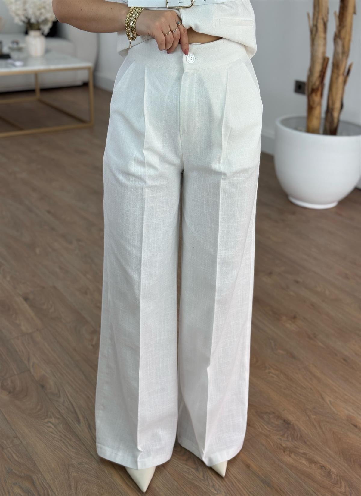 Kemerli %100 Pamuk Yelekli Keten Takım - Beyaz