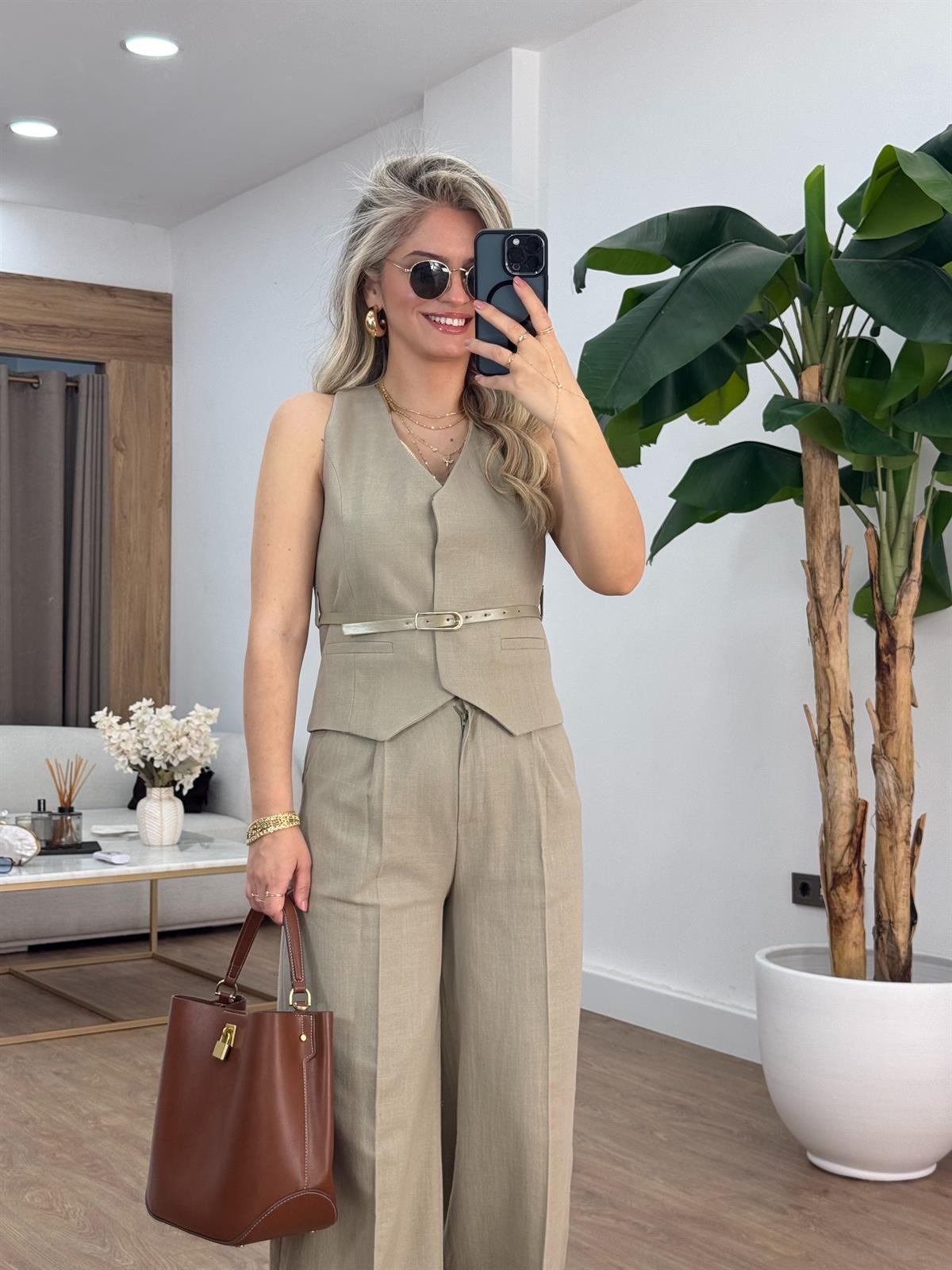 Kemerli %100 Pamuk Yelekli Keten Takım- Haki