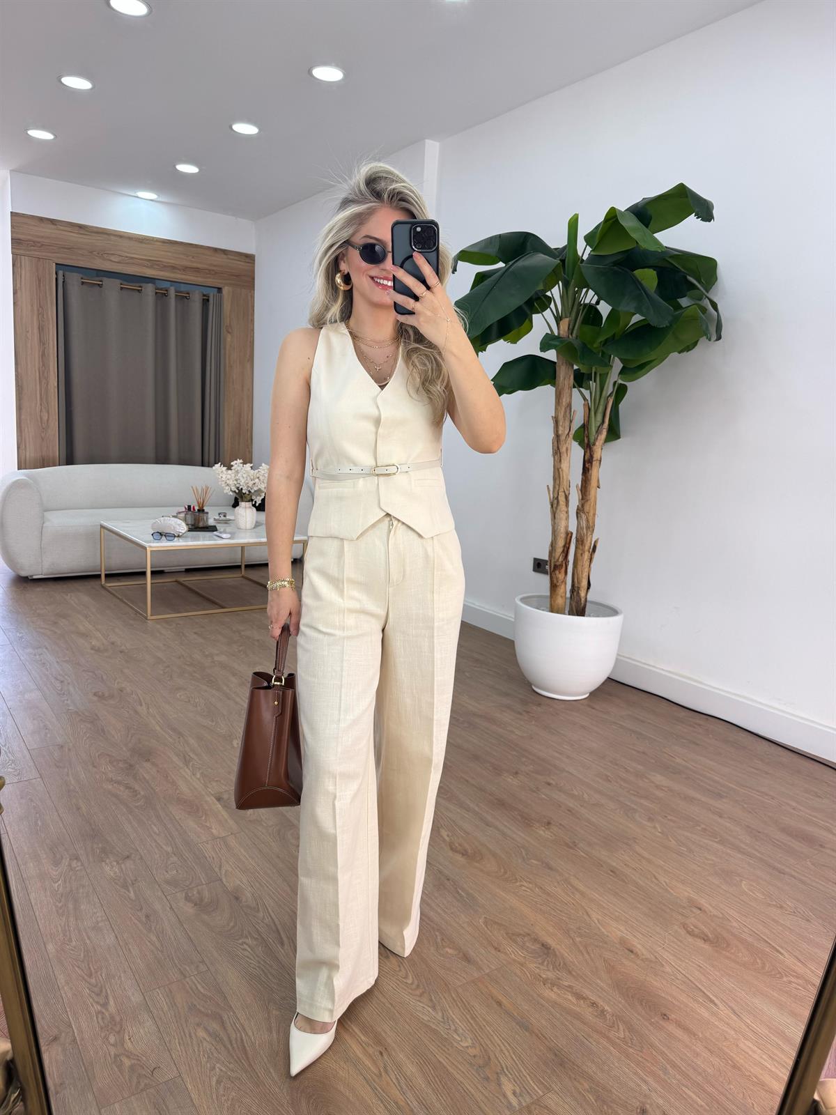 Kemerli %100 Pamuk Yelekli Keten Takım - Taş