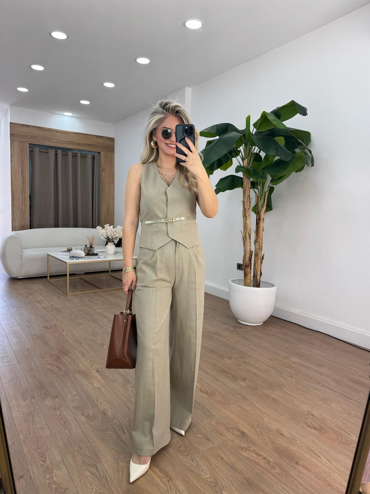 Kemerli %100 Pamuk Yelekli Keten Takım- Haki