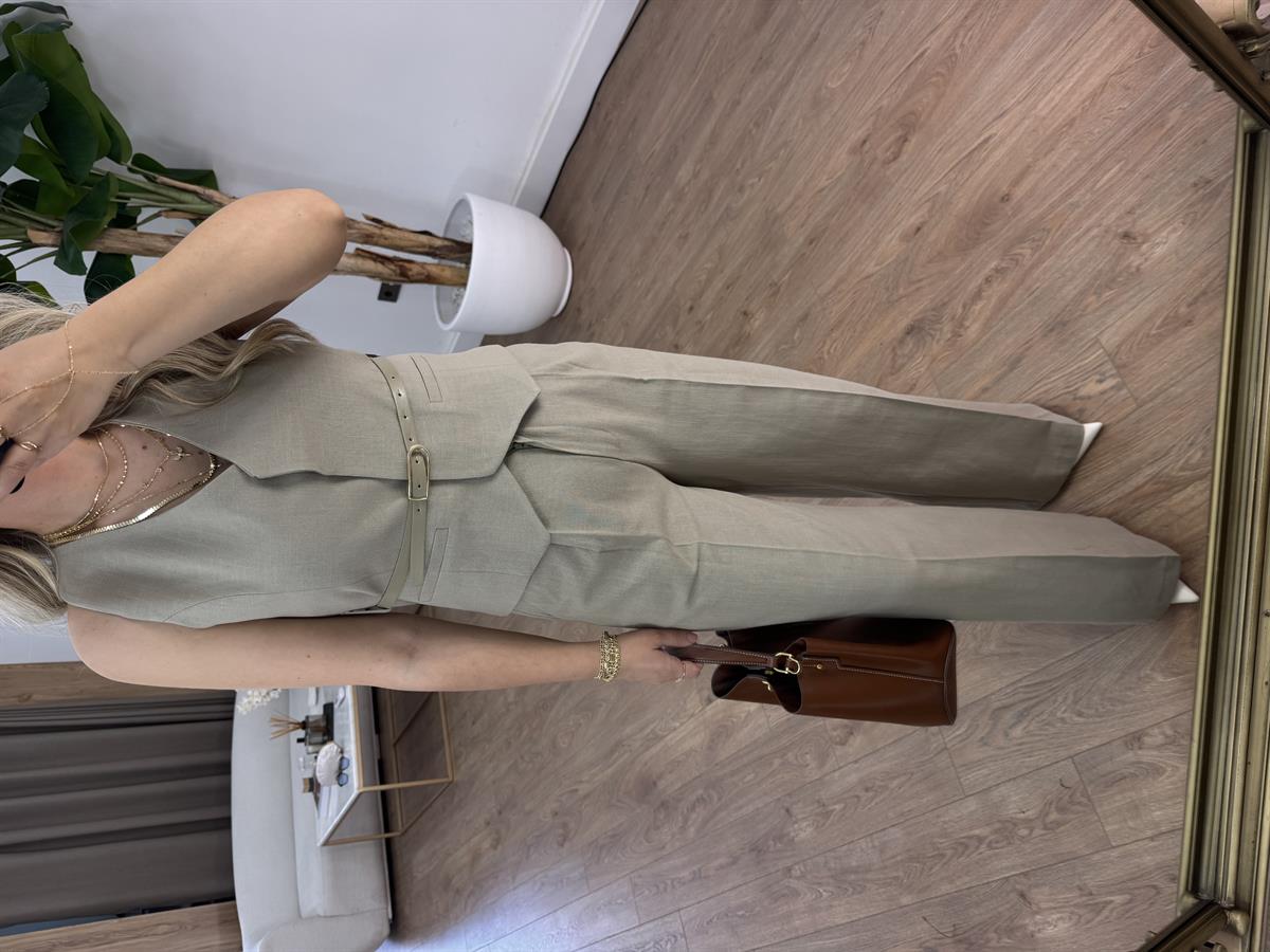 Kemerli %100 Pamuk Yelekli Keten Takım- Haki