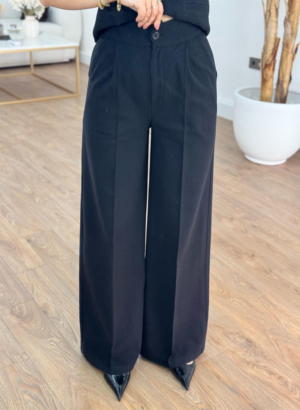 Kemerli %100 Pamuk Yelekli Keten Takım - Siyah