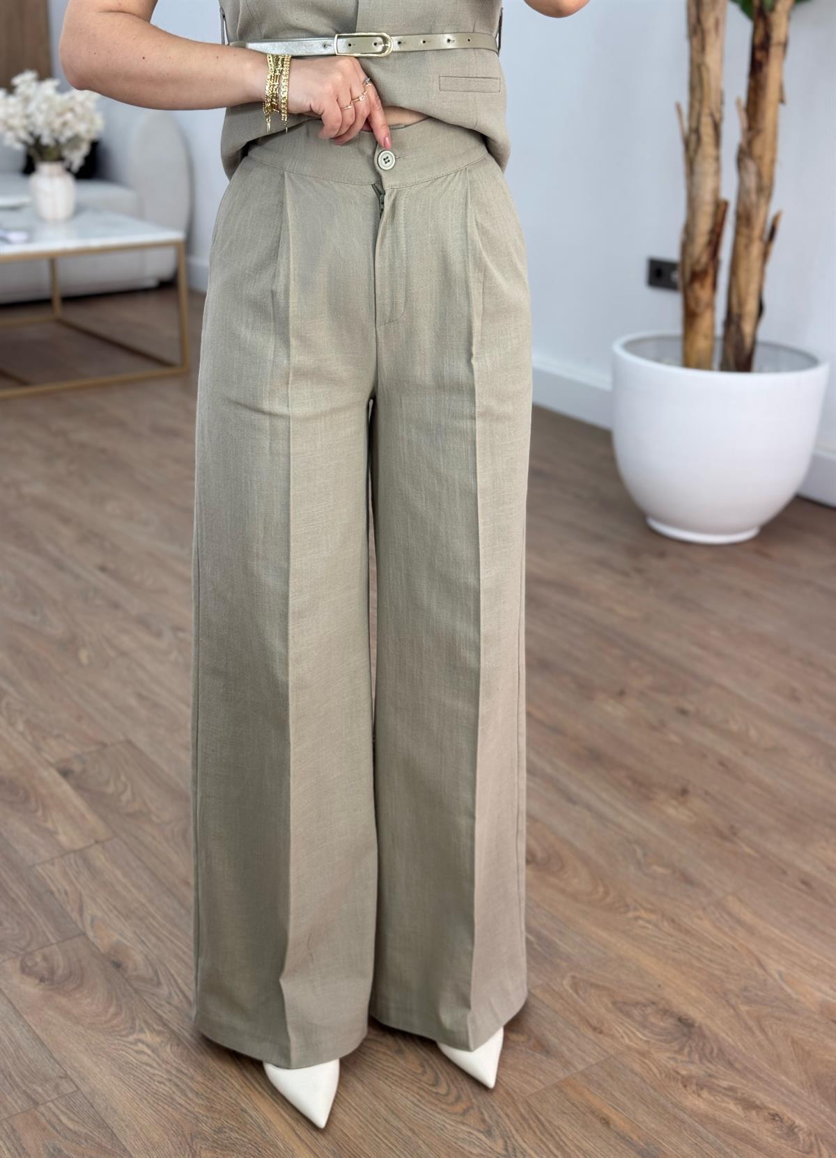 Kemerli %100 Pamuk Yelekli Keten Takım- Haki