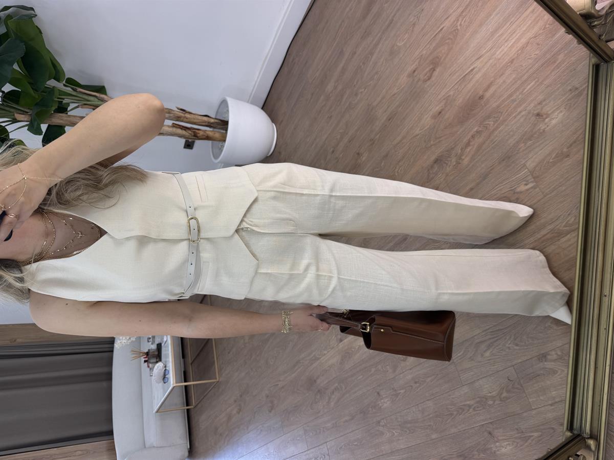 Kemerli %100 Pamuk Yelekli Keten Takım - Taş