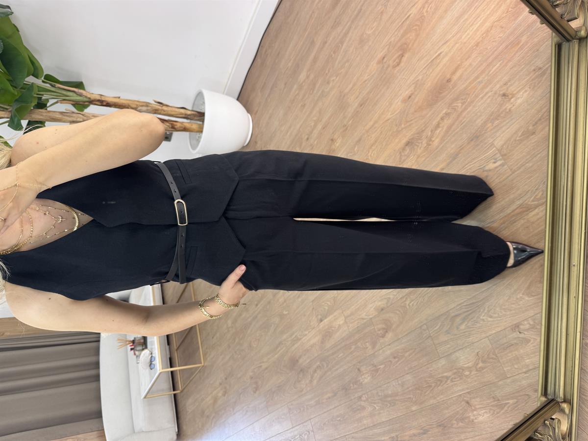 Kemerli %100 Pamuk Yelekli Keten Takım - Siyah