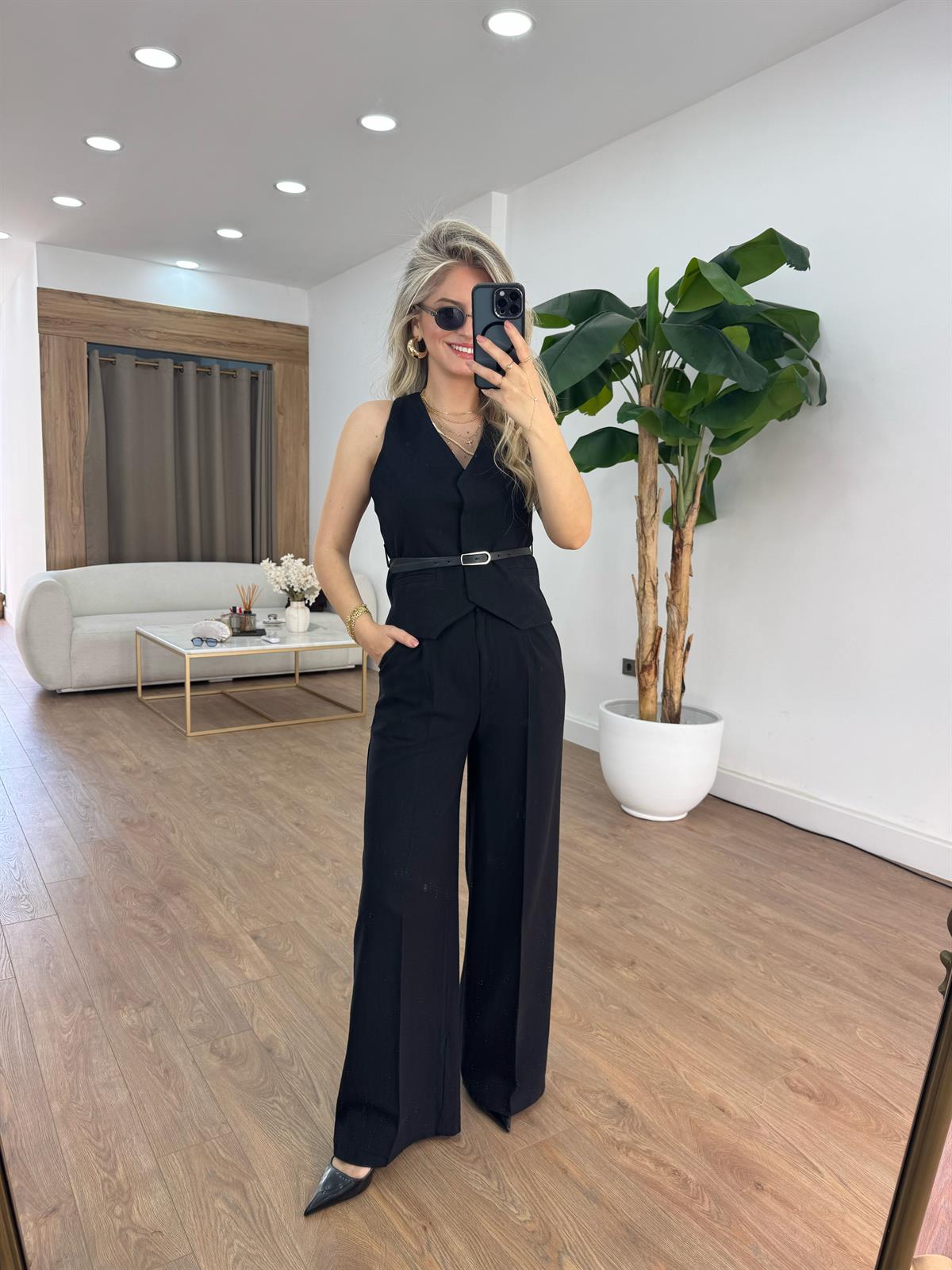 Kemerli %100 Pamuk Yelekli Keten Takım - Siyah