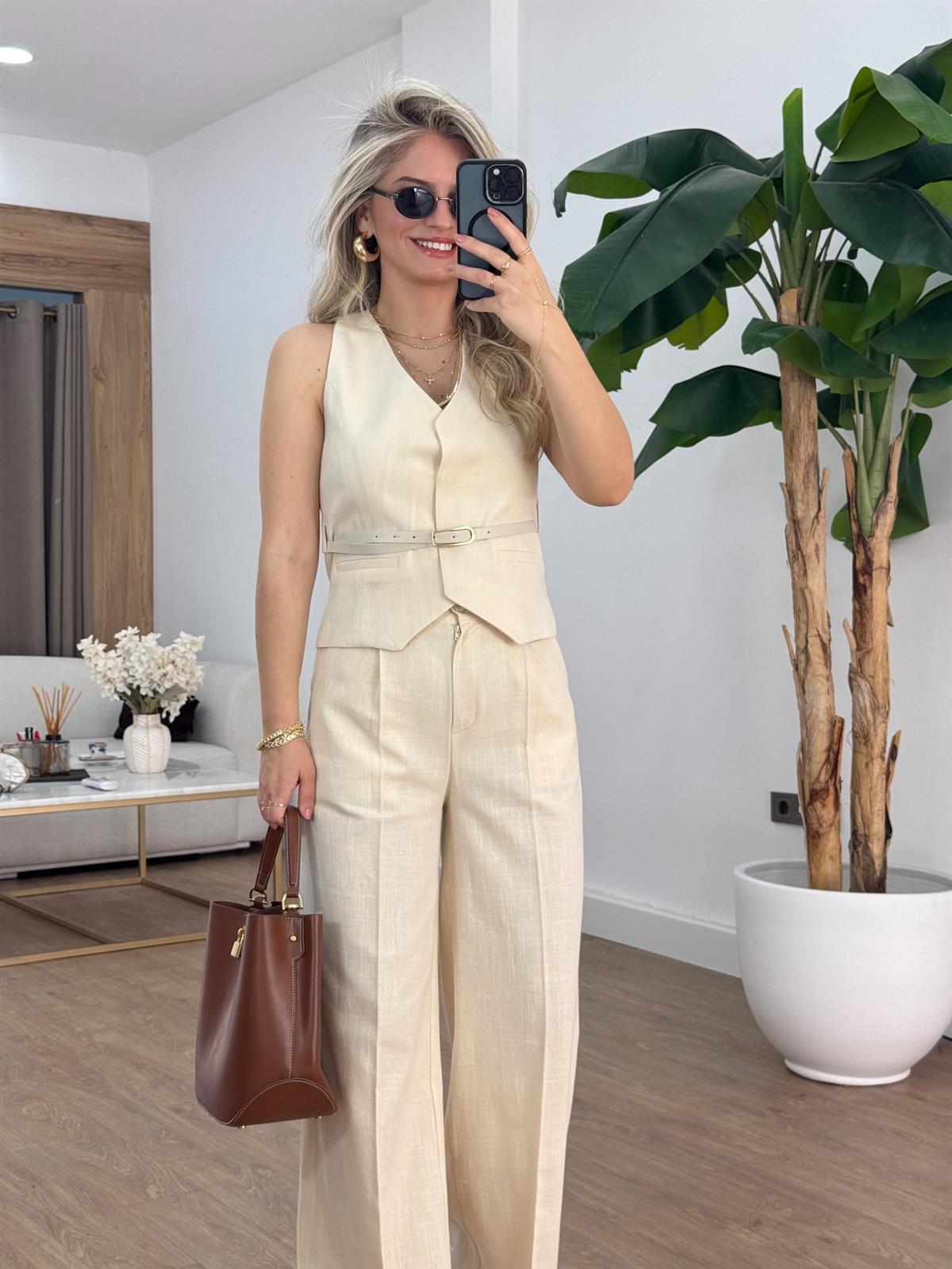 Kemerli %100 Pamuk Yelekli Keten Takım - Taş