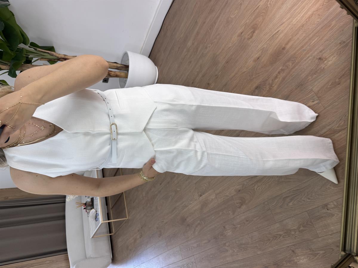 Kemerli %100 Pamuk Yelekli Keten Takım - Beyaz