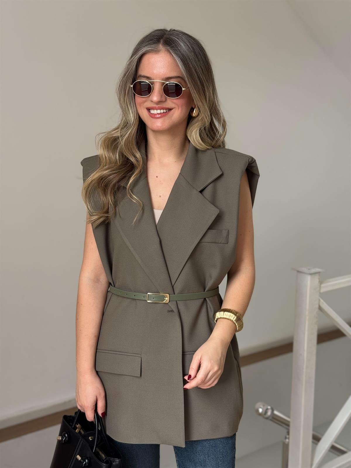 Kemerli Blazer Yelek - Haki