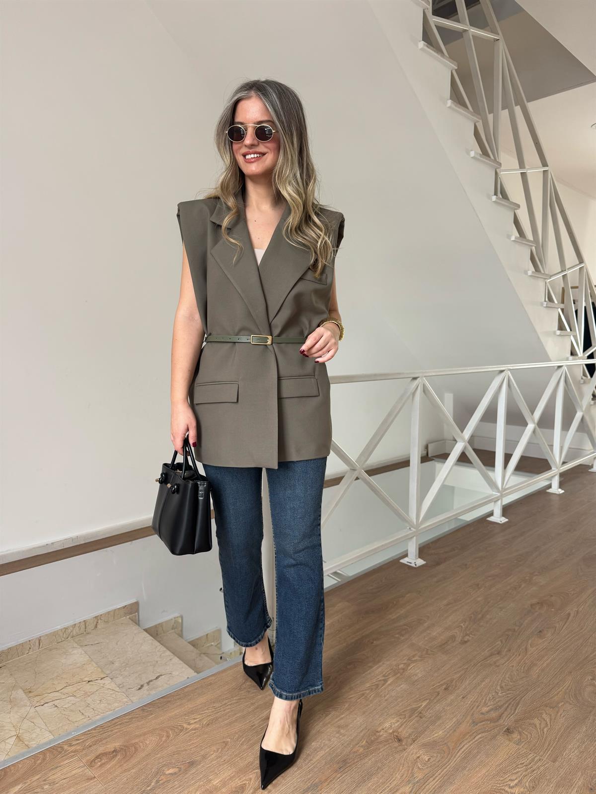 Kemerli Blazer Yelek - Haki