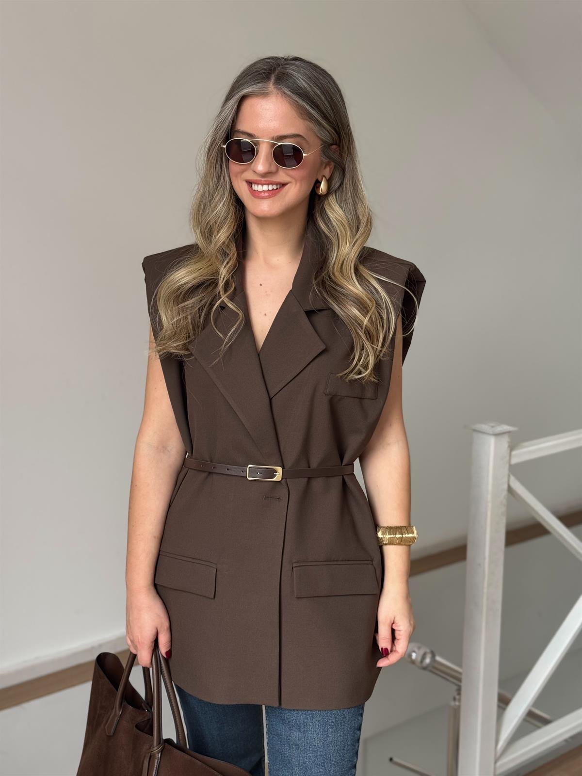 Kemerli Blazer Yelek - Kahverengi