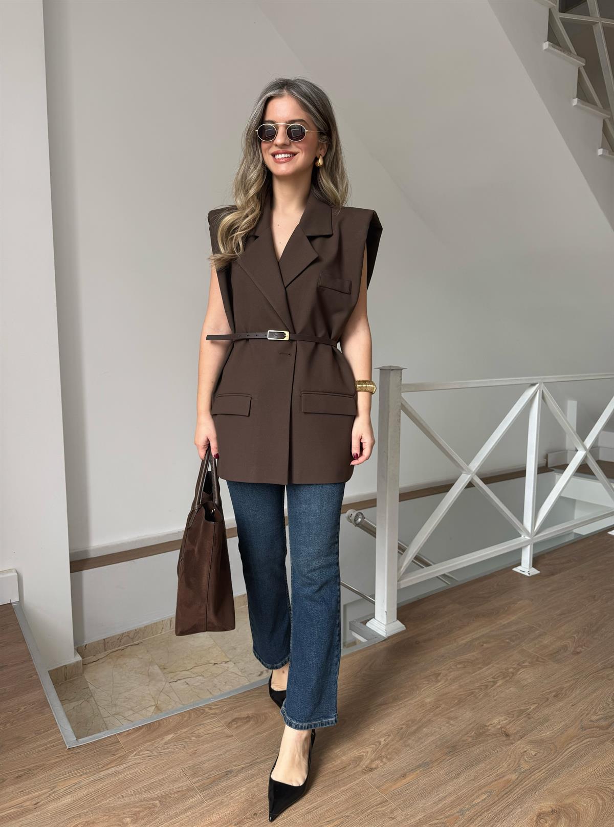 Kemerli Blazer Yelek - Kahverengi