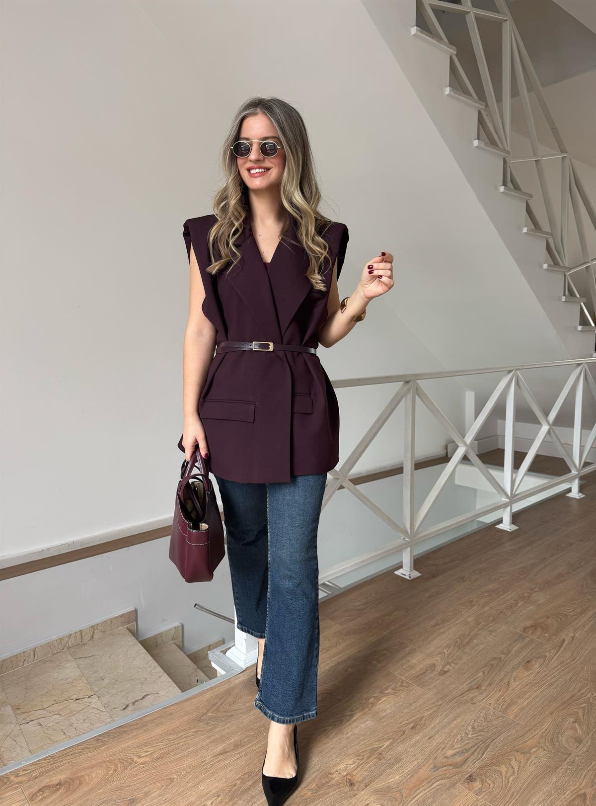 Kemerli Blazer Yelek - Mürdüm