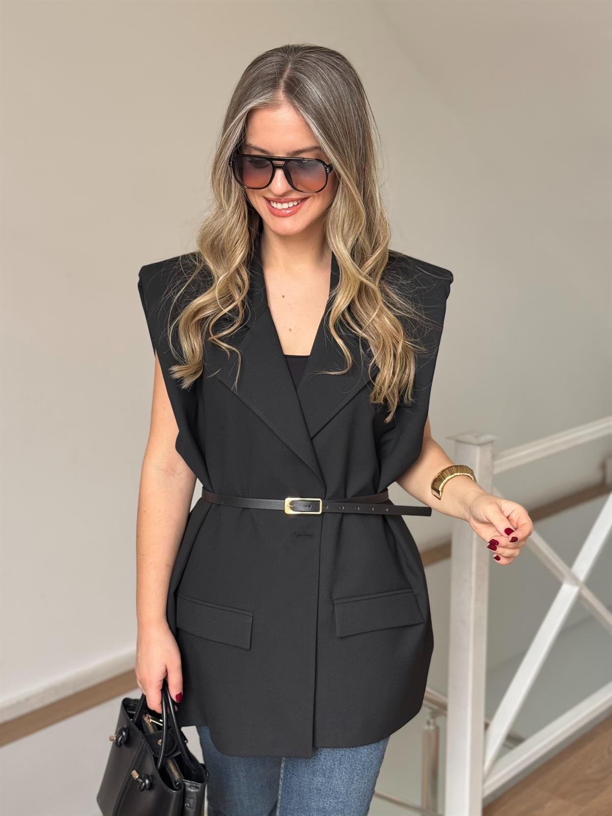 Kemerli Blazer Yelek - Siyah