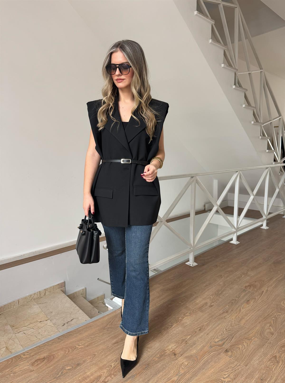 Kemerli Blazer Yelek - Siyah