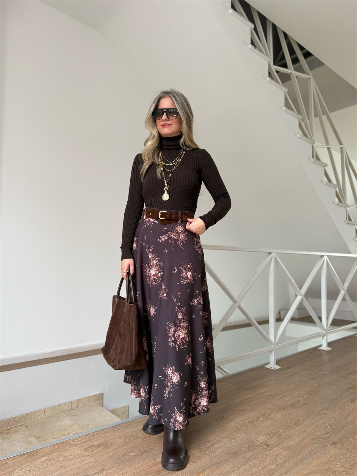 Kemerli Çiçek Desenli Midi Etek 