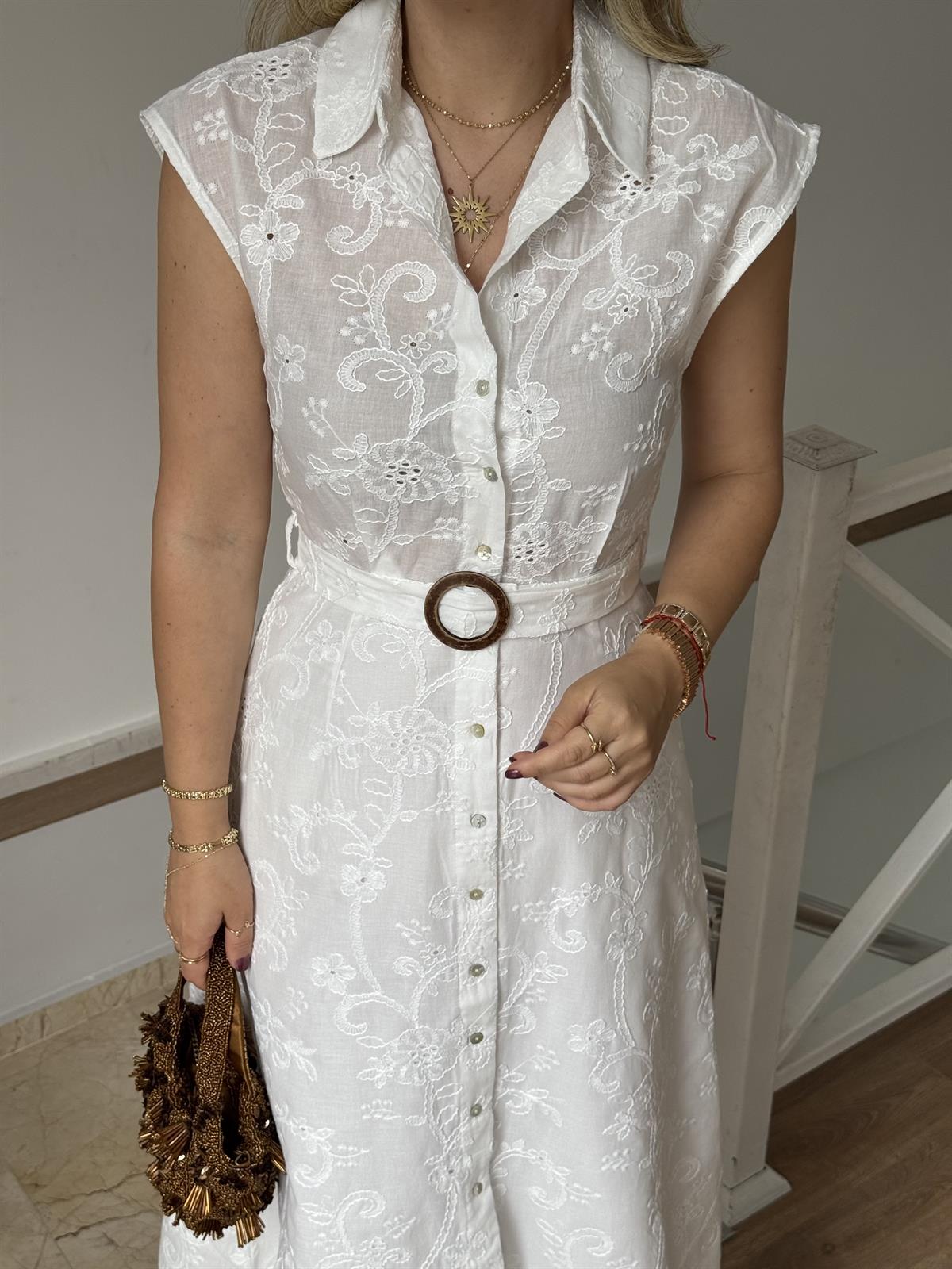 Kemerli İşlemeli Gömlek Elbise 