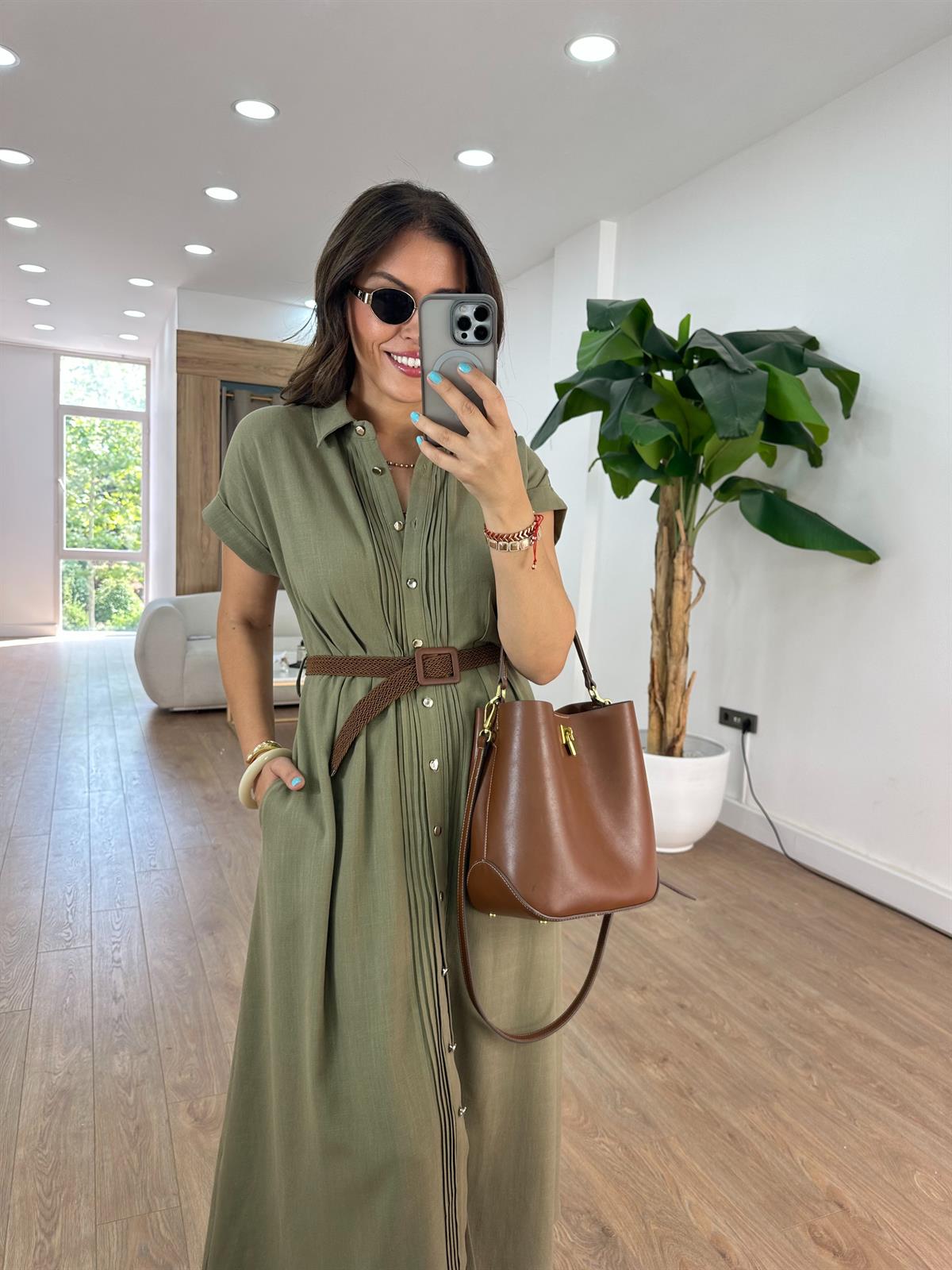 Kemerli Keten Midi Elbise - Haki