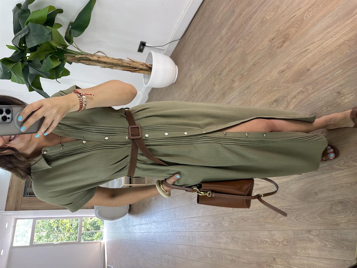 Kemerli Keten Midi Elbise - Haki