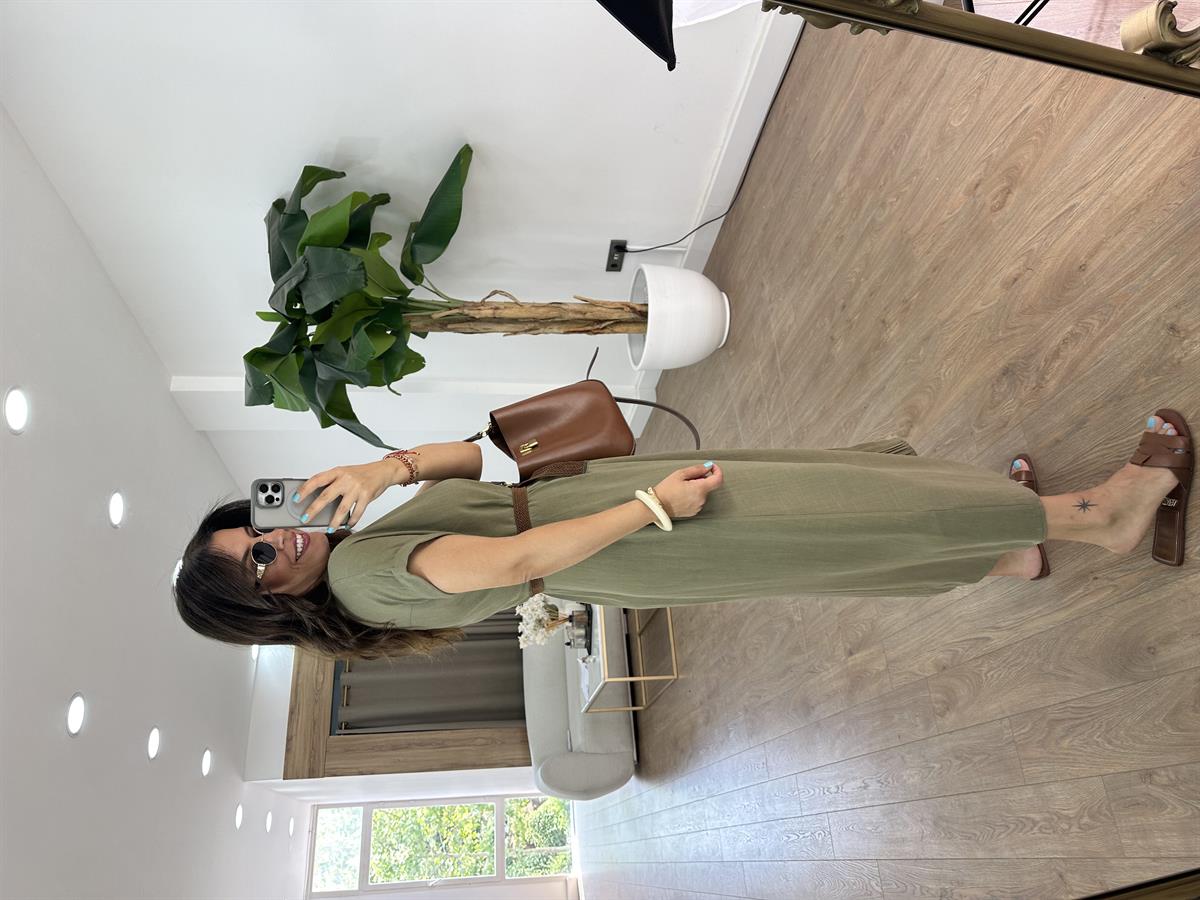 Kemerli Keten Midi Elbise - Haki