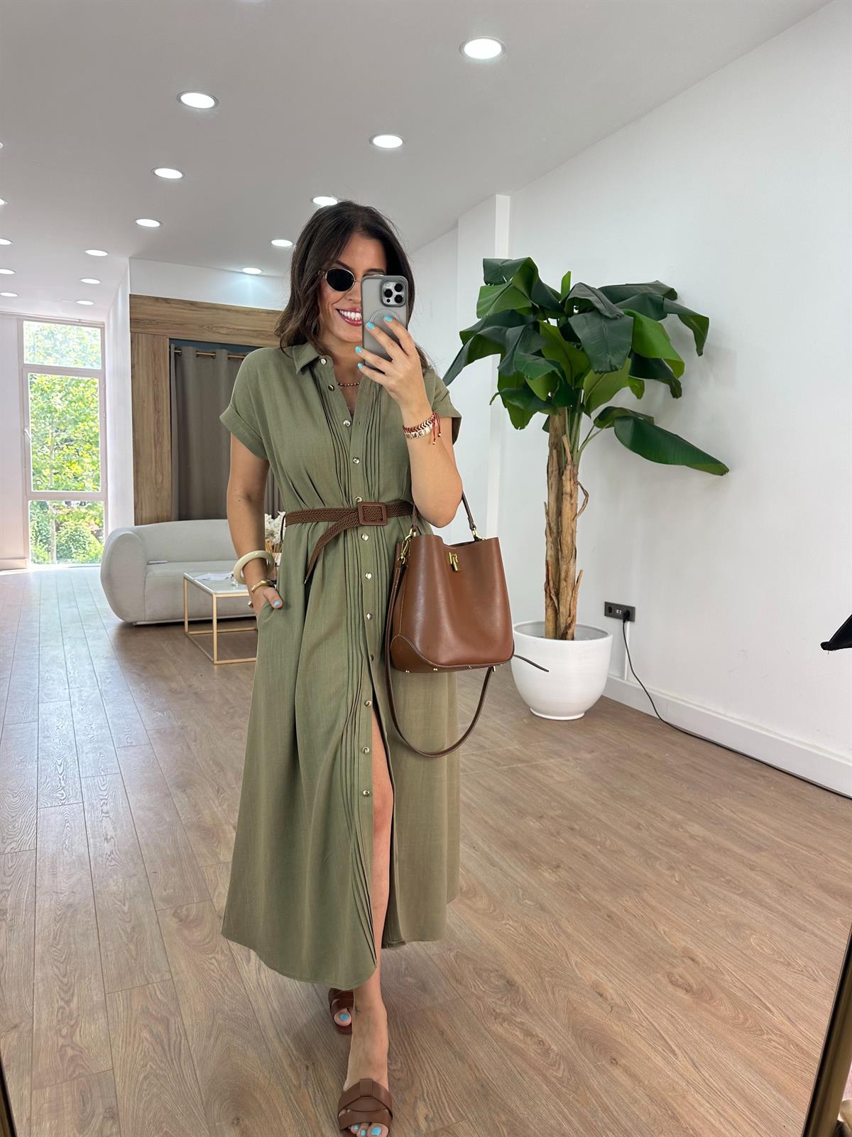 Kemerli Keten Midi Elbise - Haki