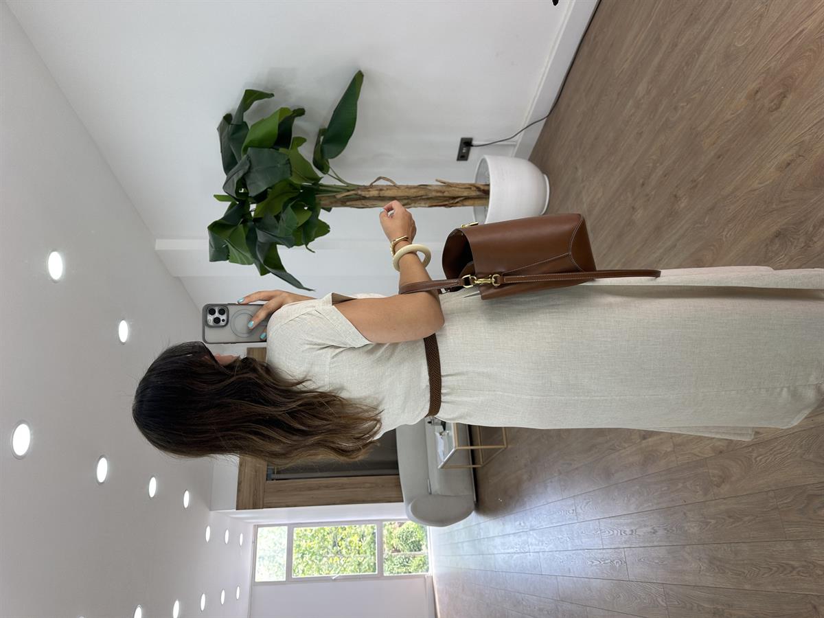 Kemerli Keten Midi Elbise - Naturel