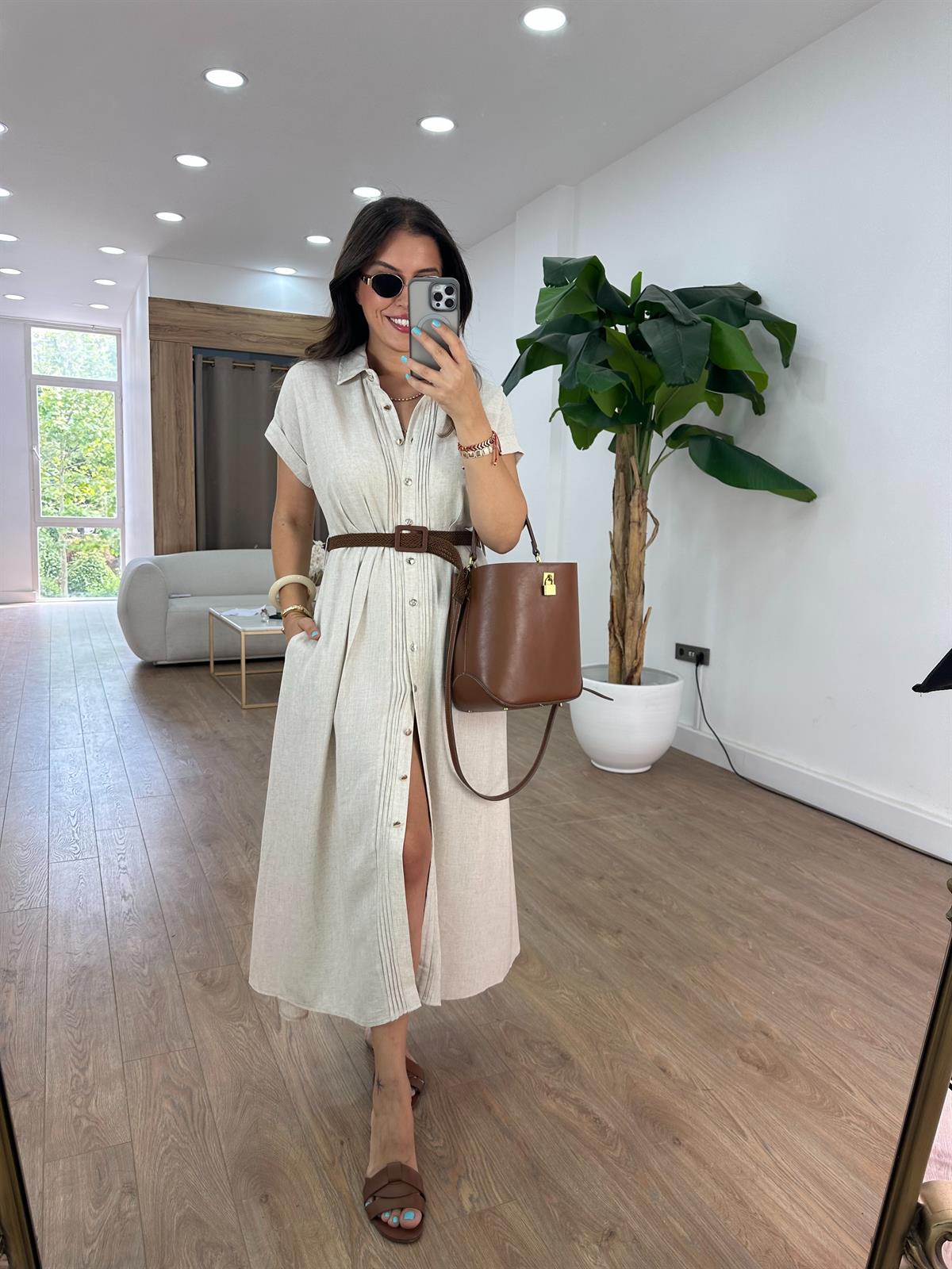 Kemerli Keten Midi Elbise - Naturel