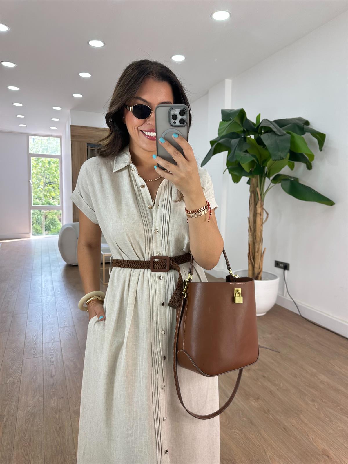 Kemerli Keten Midi Elbise - Naturel