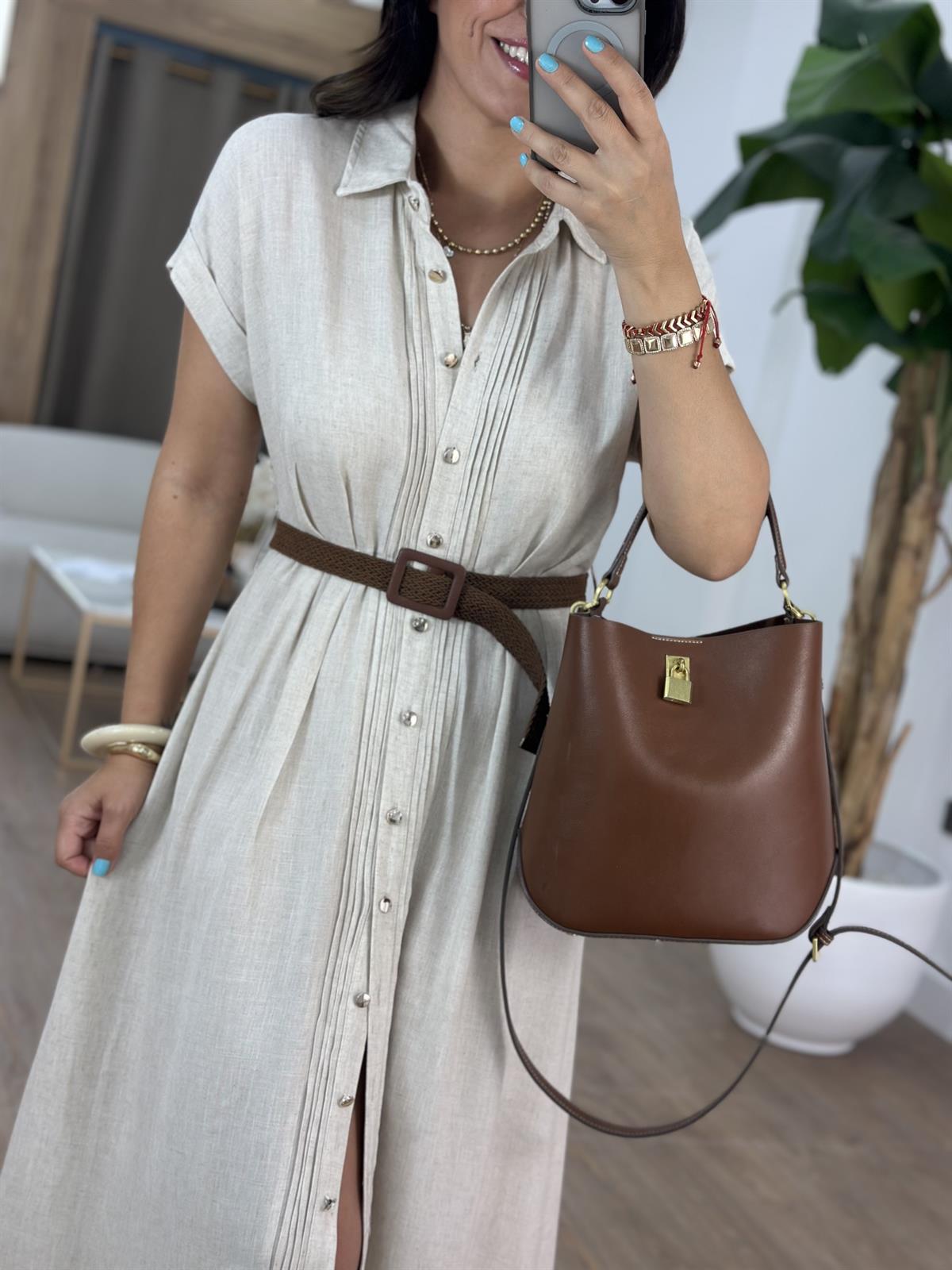 Kemerli Keten Midi Elbise - Naturel