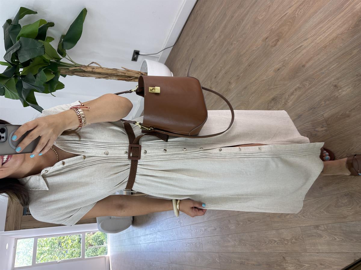 Kemerli Keten Midi Elbise - Naturel