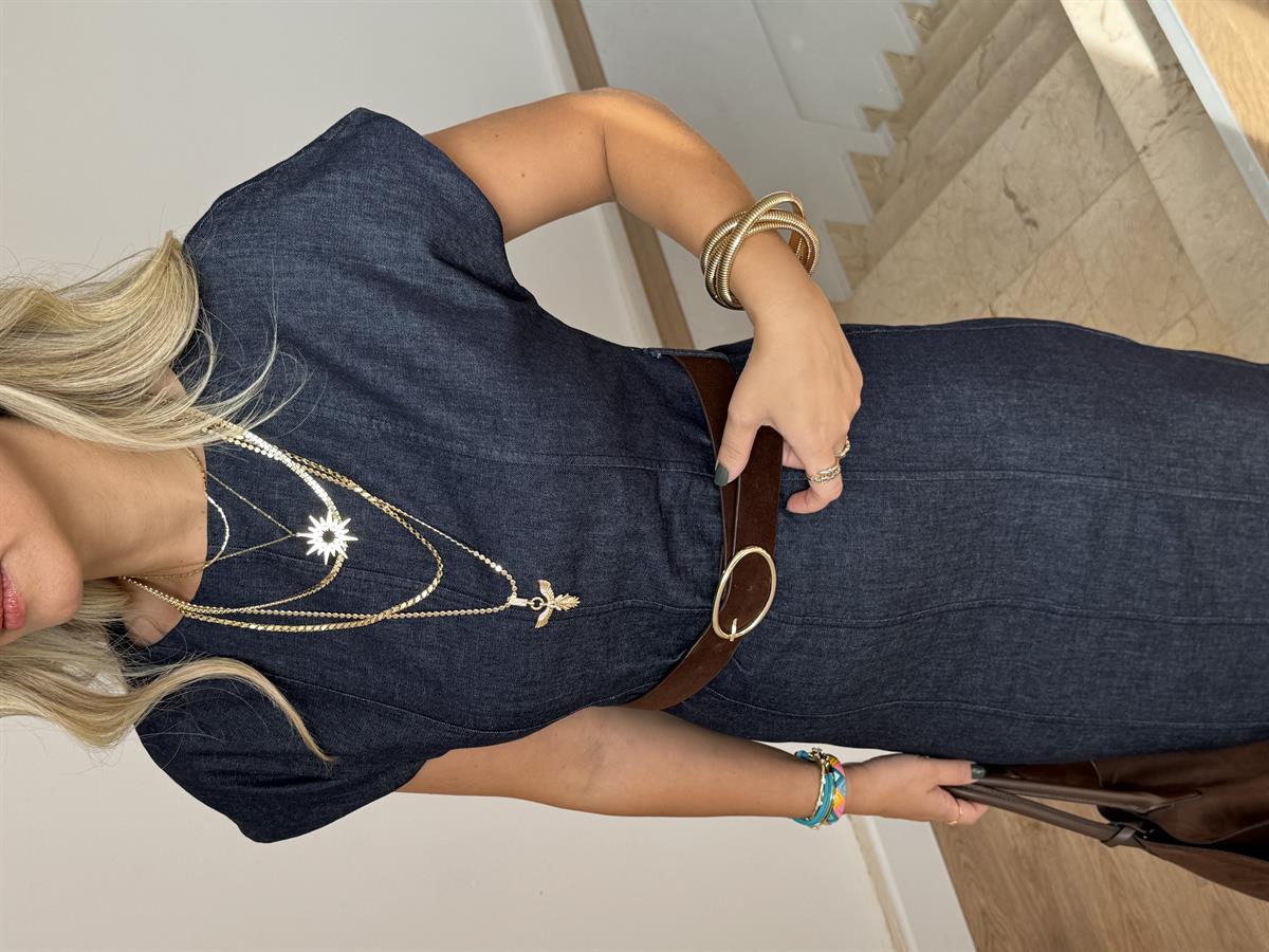 Kemerli Midi Boy Denim Elbise 