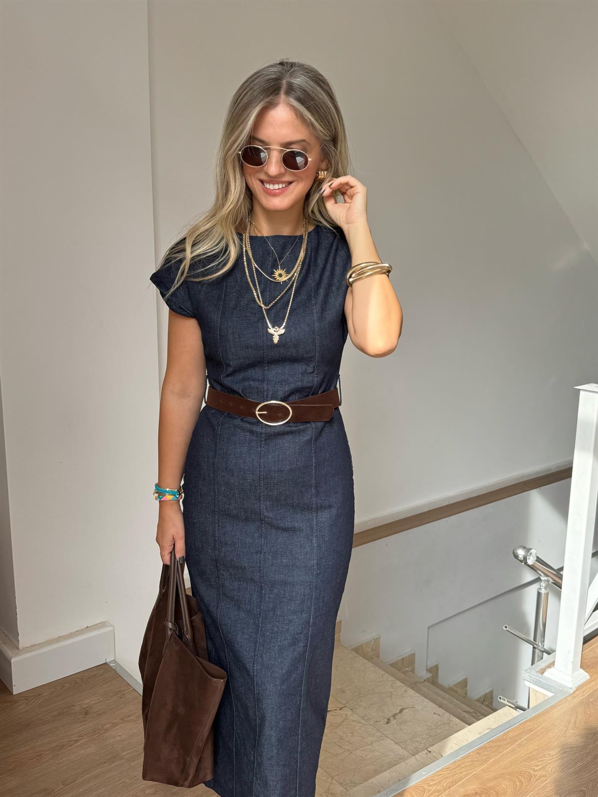 Kemerli Midi Boy Denim Elbise 